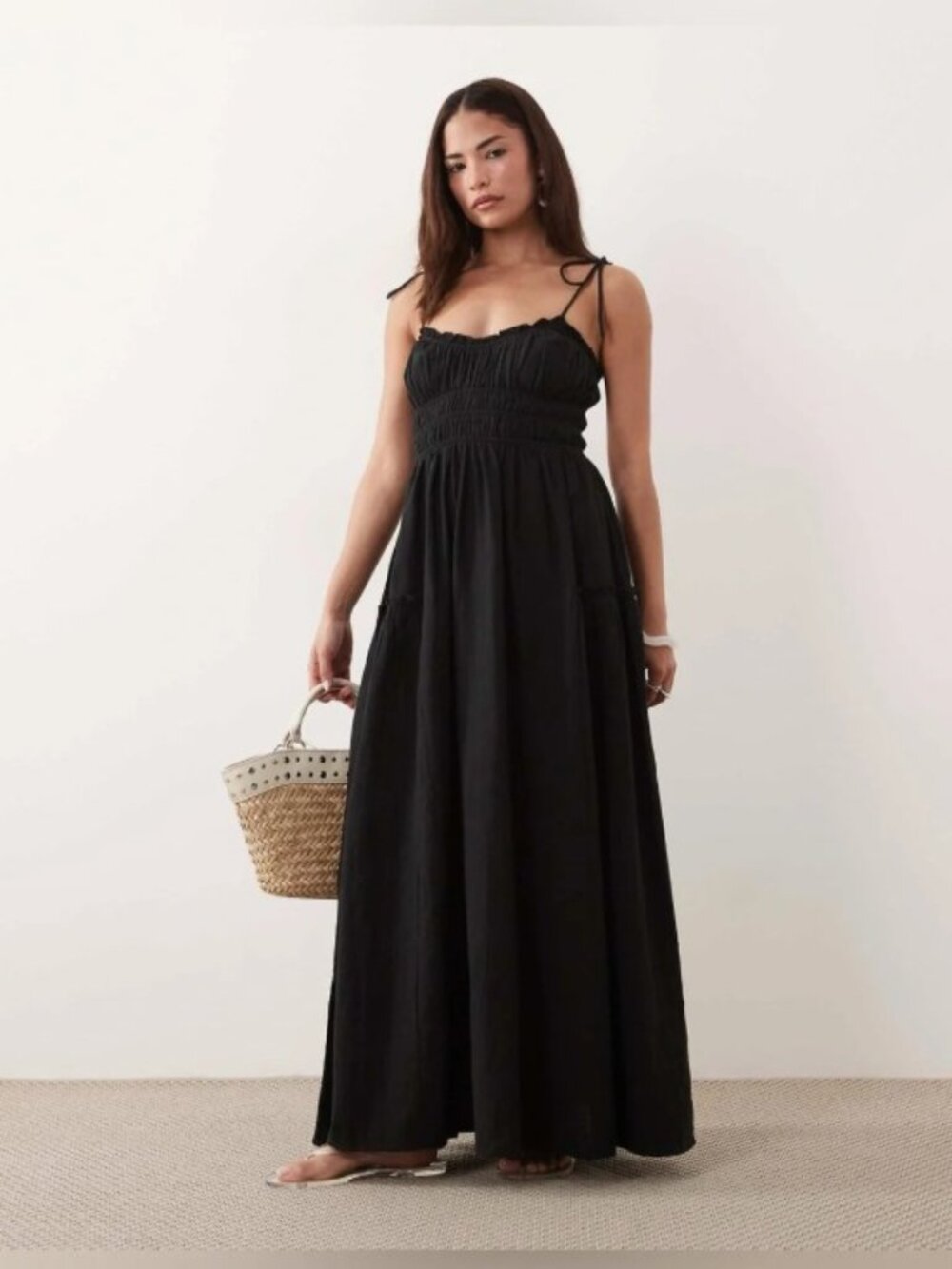 ASOS DESIGN Petite Faith Beach Shirred Maxi Dress in Black
